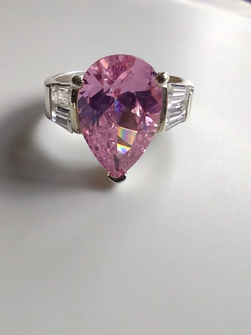 Pink Topaz CZ Teardrop Ring + Clear CZ's Cocktail Ring Sz 7 Sterling Silver 925